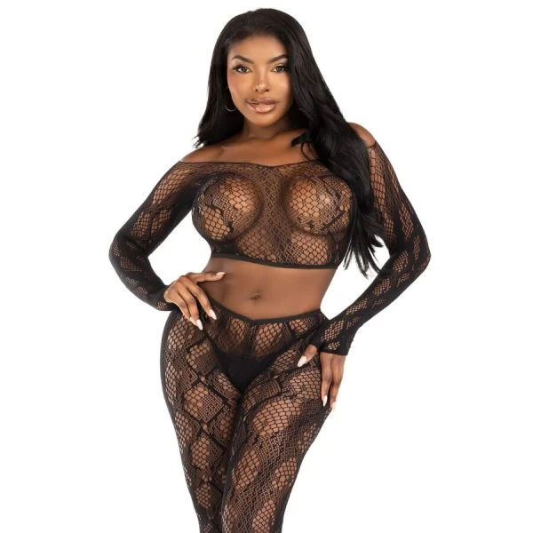 LEG Avenue Sets Crop-Top und fußlose Strumpfhose im Schlangenmuster Schwarz