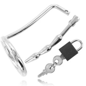Metal Hard Hodenring mit Harnröhren-Keuschheitsstecker und Vorhängeschloss