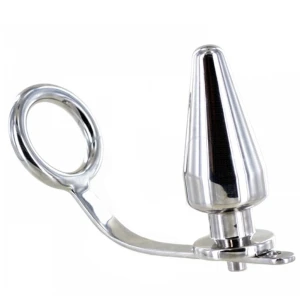 Metal Hard Cock Ring with Anal Plug Made of Surgical Steel 80 x 55 mm