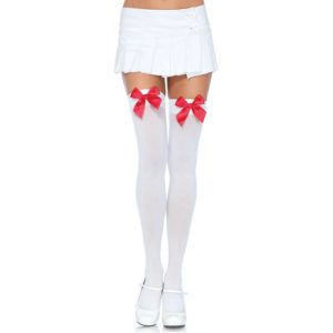 LEG Avenue Hosiery Nylon-Overkniekousen met strik Wit/Rood LEG Avenue Hosiery Nylon-Overkniekousen met strik Wit/Rood - Afbeelding 1