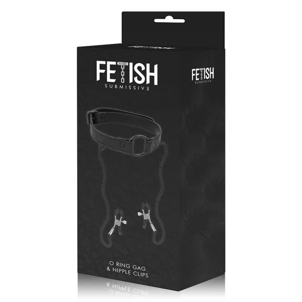 Fetish Submissive Bondage Knebelring met Nippelklemmen, vegan leer Fetish Submissive Bondage Knebelring met Nippelklemmen, vegan leer