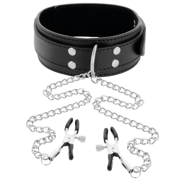 Darkness Bondage Halsband met Nippelklemmen Zwart