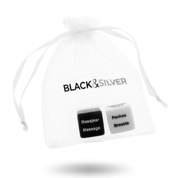 Black&silver erotiekdobbelstenen voor koppels in satijnen zakje
