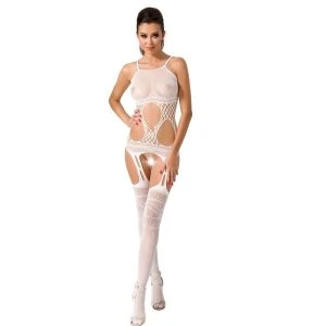 Passion Woman Bodystocking BS047 weiß mit Schrittöffnung und Stickerei