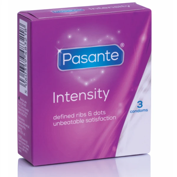 Pasante Condooms Ribs & Dots Intensity, 3 stuks, 52 mm nominale breedte