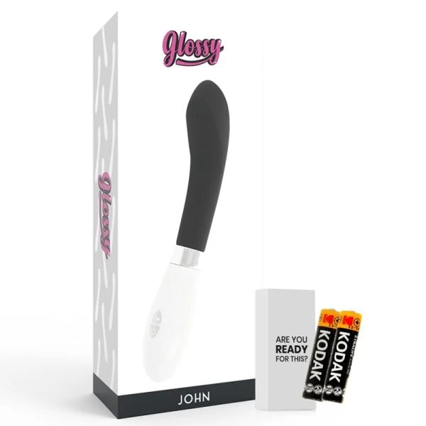 Glossy John Vibrator met gebogen punt, siliconen, 12 cm, zwart