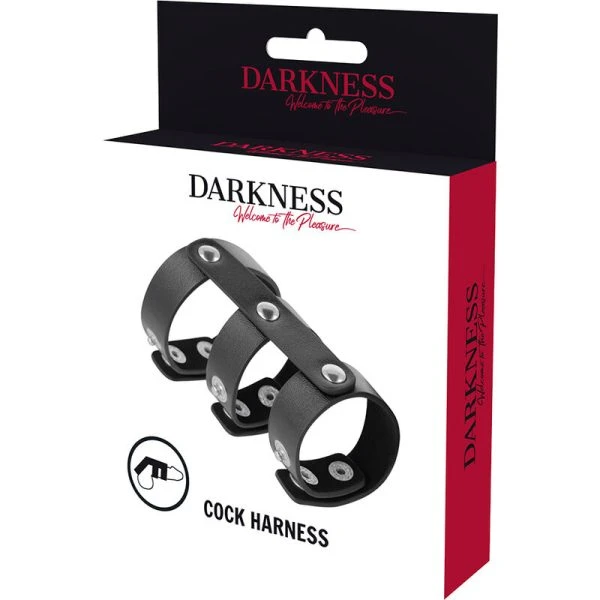 Darkness Bondage verstelbare dubbele penis- en testikelring van kunstleer