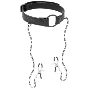 Fetish Submissive Bondage Gag Ring with Nipple Clamps, vegan Leather
