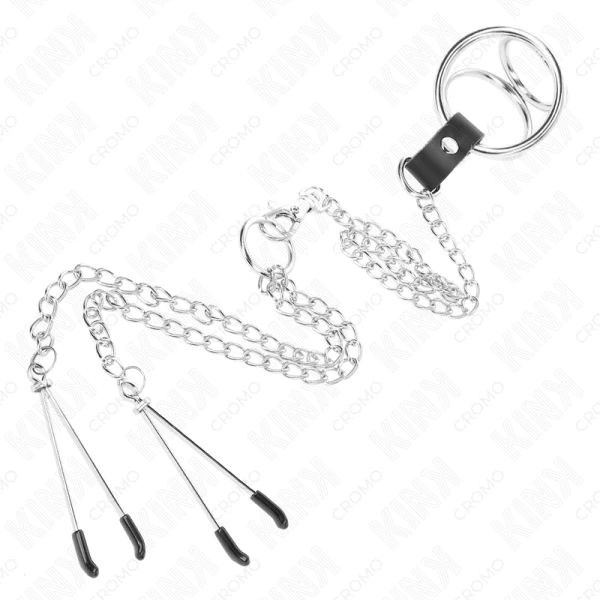 Kink Penisring met borstklemmen en metalen ketting