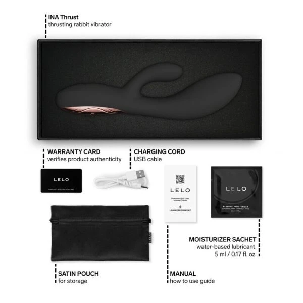 Lelo INA Thrust Rabbit Stootvibrator met clitorisstimulator, zwart