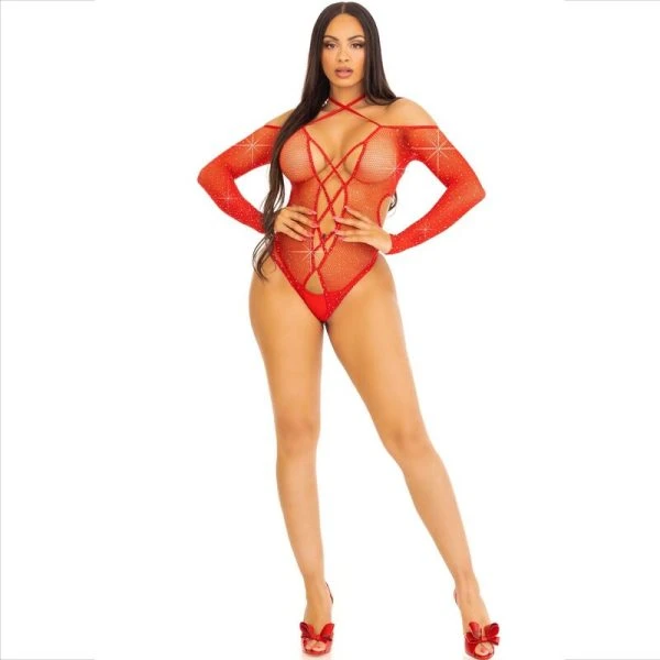 Leg Avenue Netz-Body ohne Schritt mit Strasssteinen rot