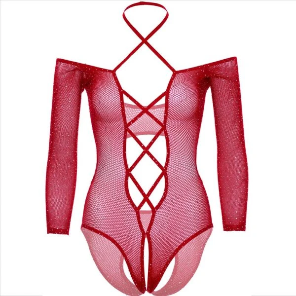 Leg Avenue Netz-Body ohne Schritt mit Strasssteinen rot