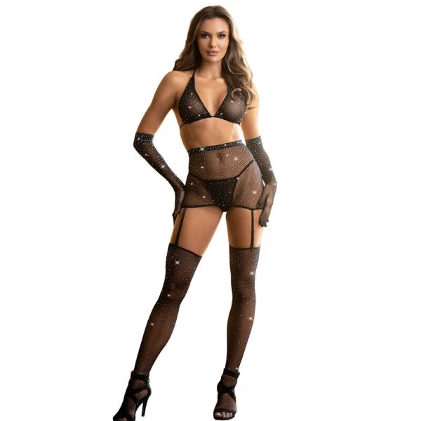 Subblime Netz-Bodystocking mit Handschuhen und Diamanten Schwarz