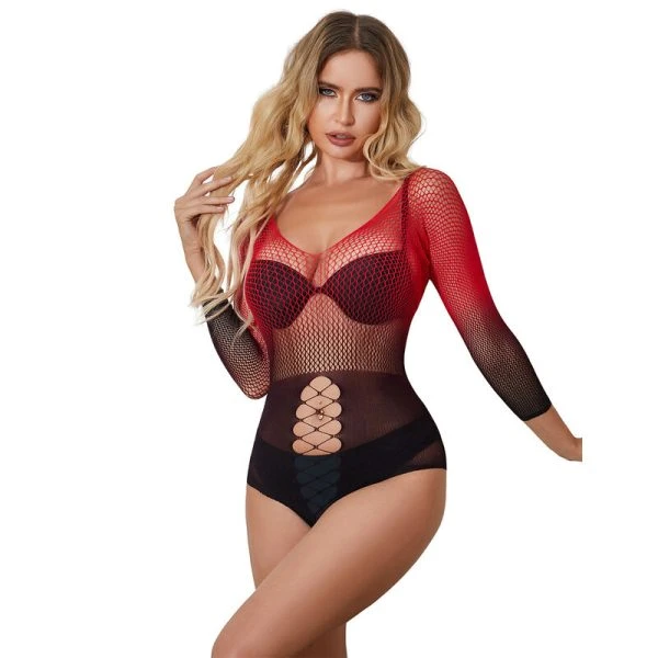img_185100_e1c77c3848999db8c69245d8a51db0a5_1.jpg Subblime rood-zwarte dessousjurk van elastische netstof, one-size
