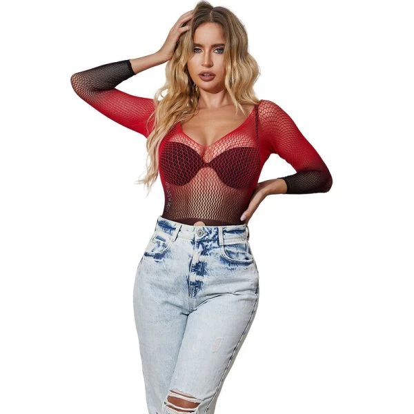 Subblime rood-zwarte dessousjurk van elastische netstof, one-size Subblime rood-zwarte dessousjurk van elastische netstof, one-size