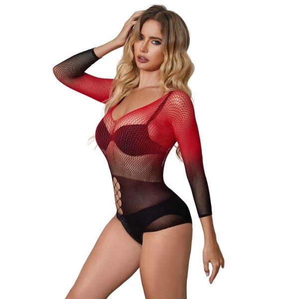 Subblime rood-zwarte dessousjurk van elastische netstof, one-size Subblime rood-zwarte dessousjurk van elastische netstof, one-size