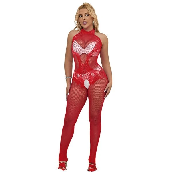 Subblime Bodystocking van net en kant met hoge hals rood