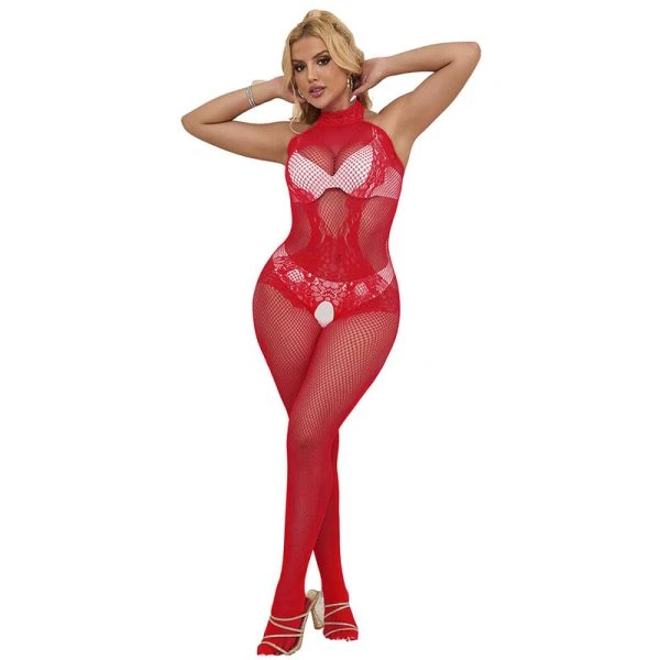 Subblime Bodystocking van net en kant met hoge hals rood