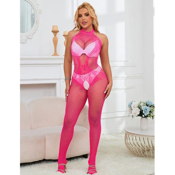 Subblime Bodystocking met net en kant, hoge halsuitsnijding, roze