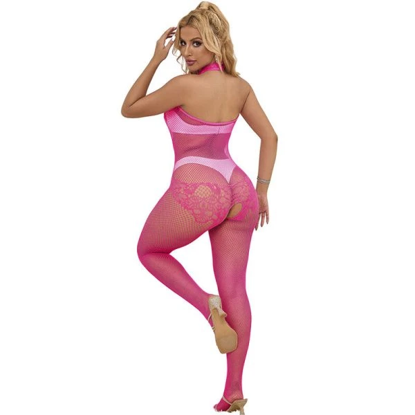 Subblime Bodystocking met net en kant, hoge halsuitsnijding, roze