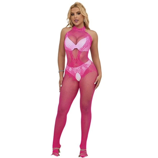 Subblime Bodystocking met net en kant, hoge halsuitsnijding, roze