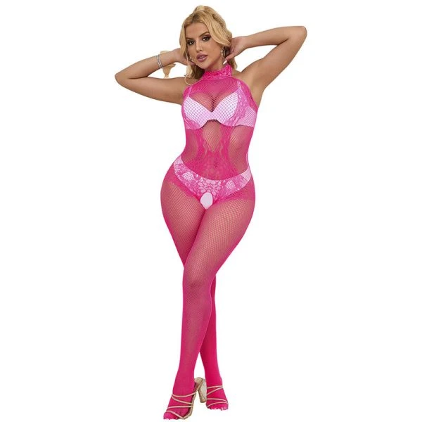 Subblime Bodystocking met net en kant, hoge halsuitsnijding, roze