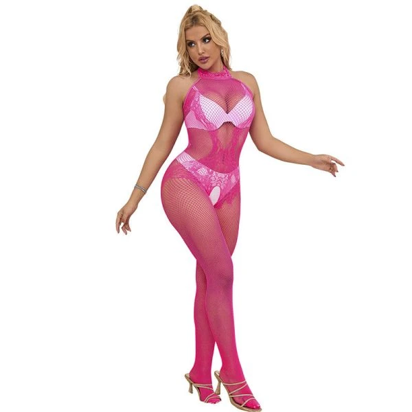 Subblime Bodystocking met net en kant, hoge halsuitsnijding, roze