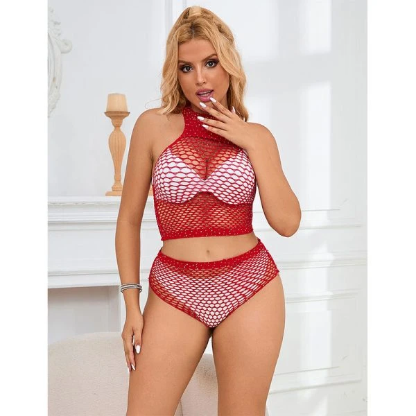 Subblime Net-set met roze diamanten in rood, maat S/M Subblime Net-set met roze diamanten in rood, maat S/M