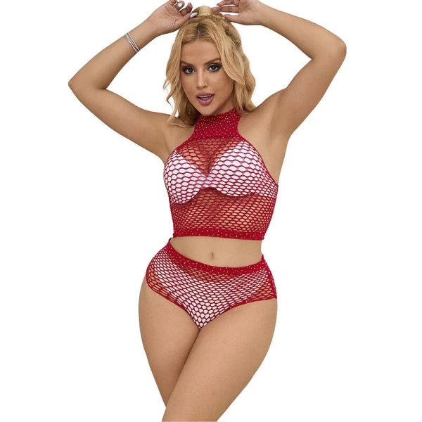 Subblime Net-set met roze diamanten in rood, maat S/M Subblime Net-set met roze diamanten in rood, maat S/M