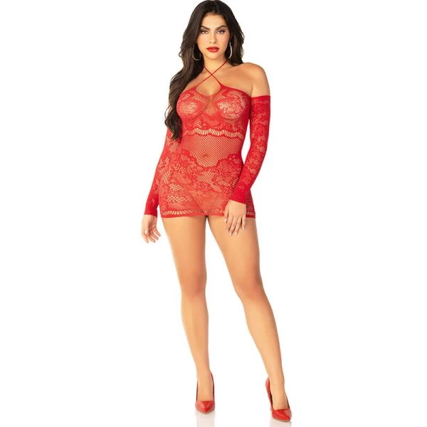 Leg Avenue Off-Shoulder Mesh-Minijurk langmouwig rood