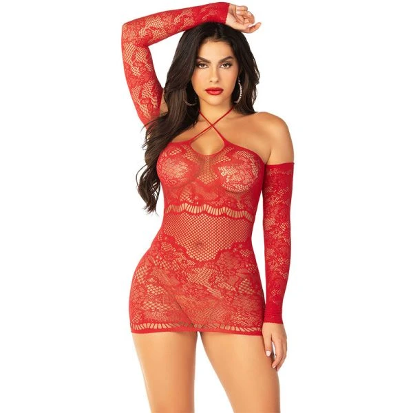 Leg Avenue Off-Shoulder Mesh-Minijurk langmouwig rood
