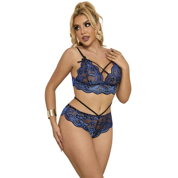 Subblime Spitzen-BH und Höschen Set Blau S/M