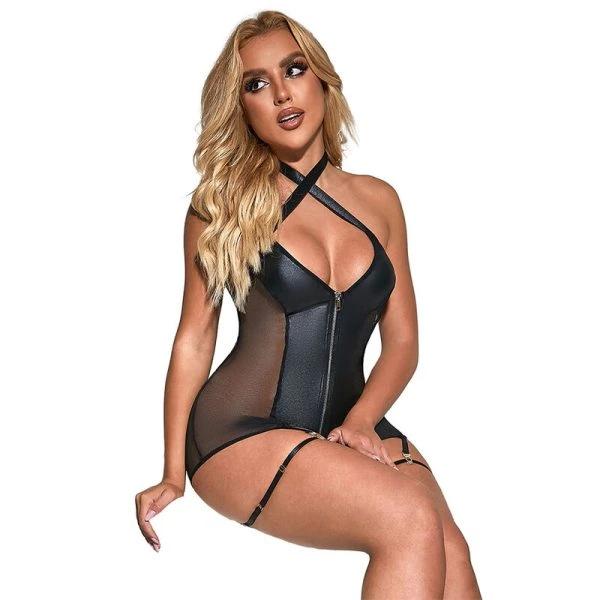 Subblime Sexy Mesh Jurk Leder Zwart S/M