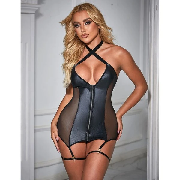 Subblime Sexy Mesh Jurk Leder Zwart S/M