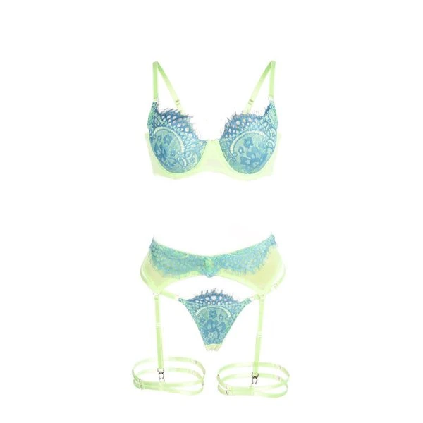 Subblime BH-set met kant en jarretelgordel Groen Blauw L/XL Subblime BH-set met kant en jarretelgordel Groen Blauw L/XL