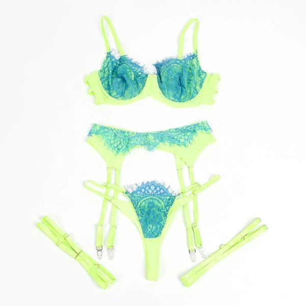 Subblime BH-set met kant en jarretelgordel Groen Blauw L/XL Subblime BH-set met kant en jarretelgordel Groen Blauw L/XL