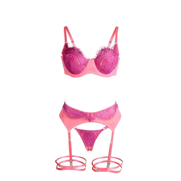Subblime BH-set met kant en kousenband in roze en paars L/XL