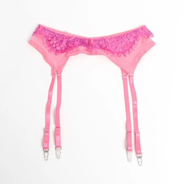 Subblime BH-set met kant en kousenband in roze en paars L/XL