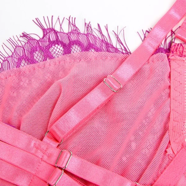 Subblime BH-set met kant en kousenband in roze en paars L/XL