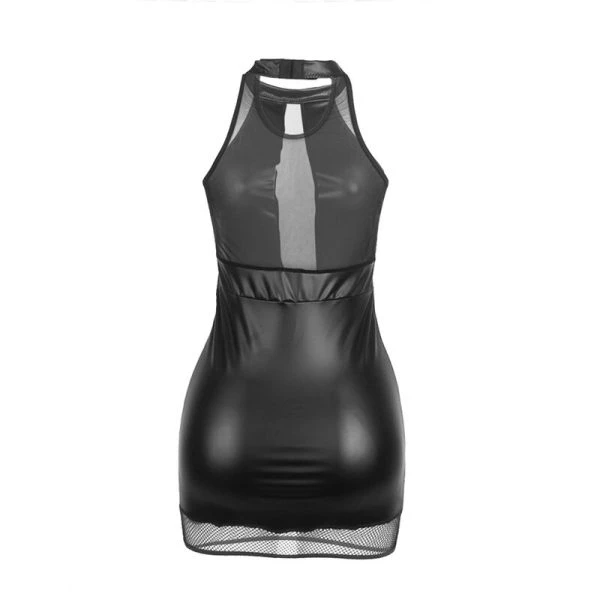 Subblime Neckholder-Dessousjurk met mesh en PU-leer, zwart