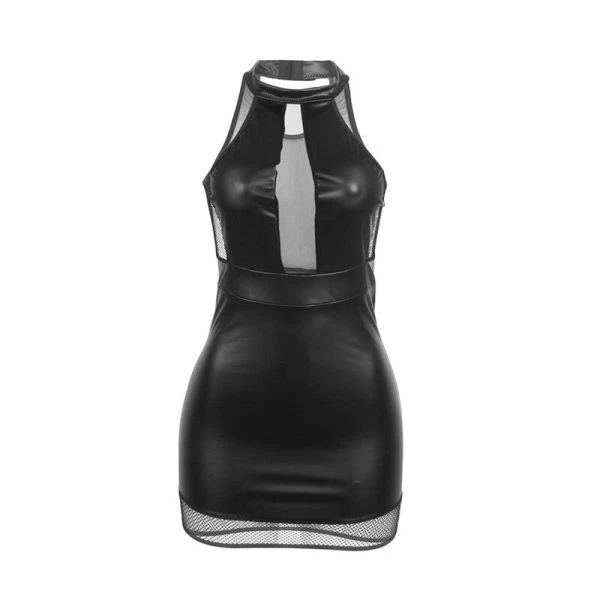 Subblime Neckholder-Dessousjurk met mesh en PU-leer, zwart