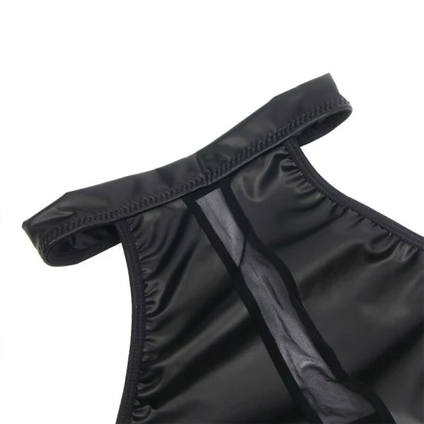 Subblime Neckholder-Dessousjurk met mesh en PU-leer, zwart