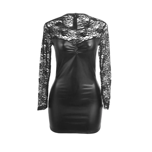 Subblime Langmouwig dessousjurk van PU-leer met kant, zwart L/XL Subblime Langmouwig dessousjurk van PU-leer met kant, zwart L/XL