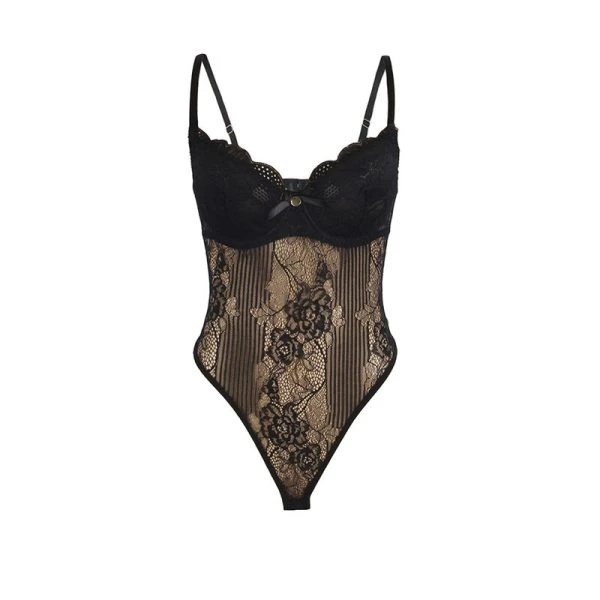 Subblime Kanten Bodysuit met open kruis Zwart S/M