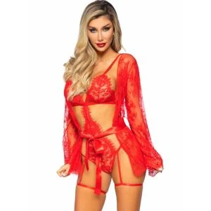 Leg Avenue Teddy- en badjas-set met kant, rood, M