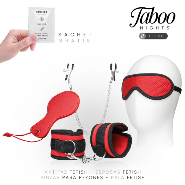 Taboo Nights Fetish Dreamkit with blindfold, paddle, restraints and nipple clamps