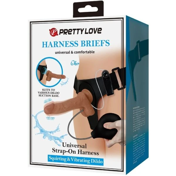 Pretty Love Universal Harness Slip met vibrerende en squirting dildo bruin