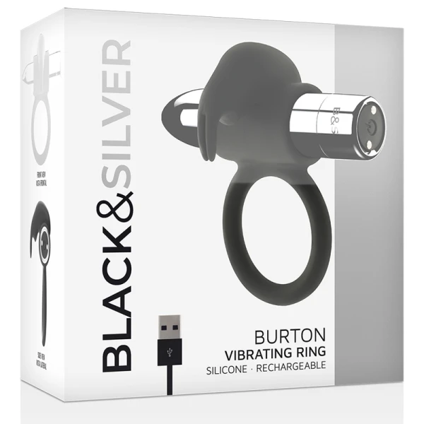 Black&silver Burton Penisring mit 10 Vibrationsmodi, wiederaufladbar