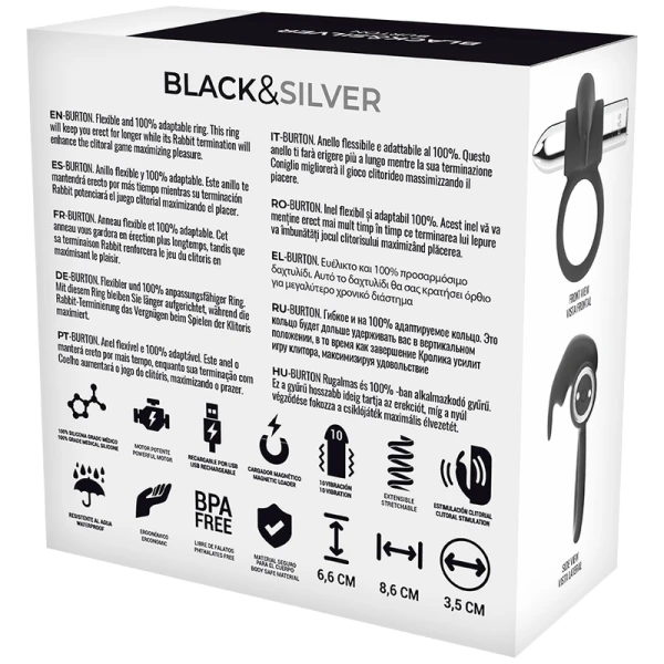 Black&silver Burton Penisring mit 10 Vibrationsmodi, wiederaufladbar