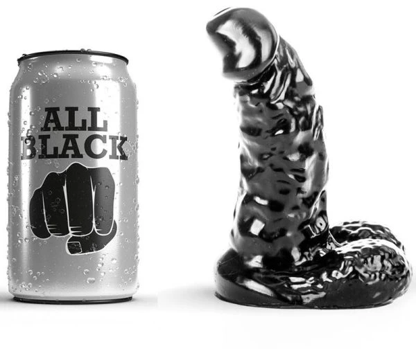 All Black Dildo mit geripptem Schaft und Kugeln